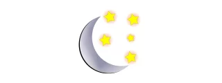 Illustration of a crescent moon with five yellow stars arranged around it against a white background.
