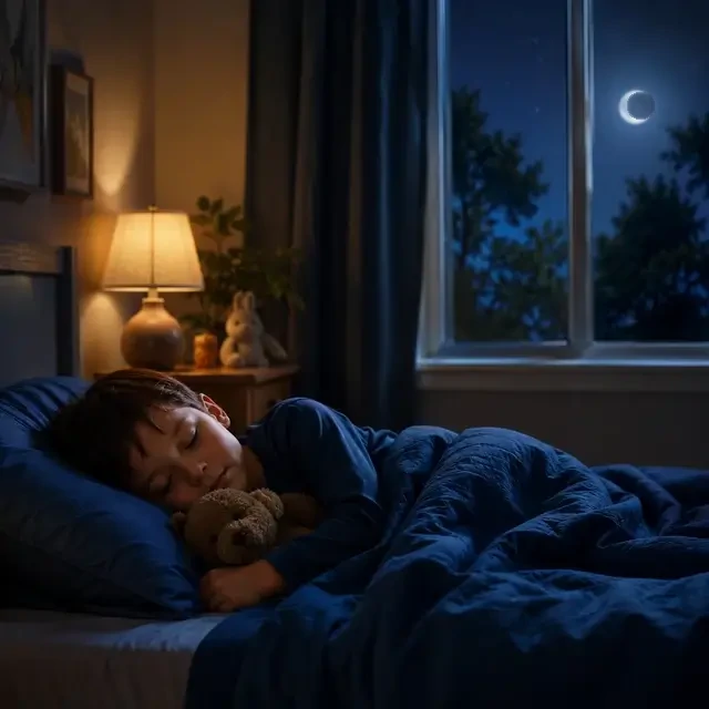 A child sleeps in bed hugging a teddy bear under a blue blanket, with a lamp on and a crescent moon visible through the window at night.