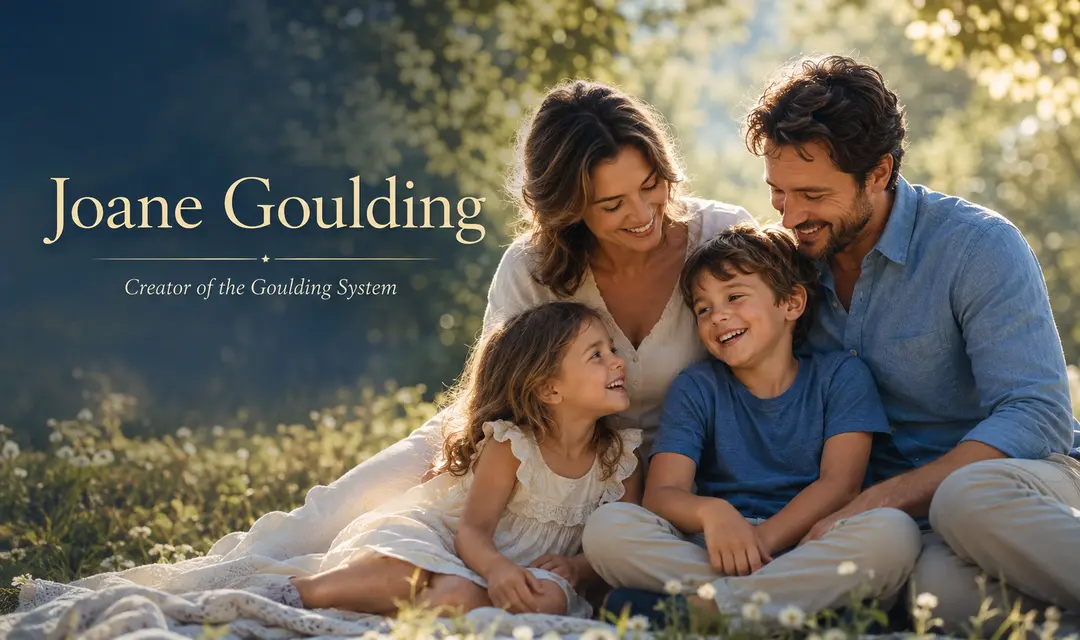 A woman and man sit outdoors with a young boy and girl, all smiling, surrounded by greenery. Text reads “Joane Goulding, Creator of the Goulding System.” This serene scene captures a family using the Goulding System enjoying time with family in a peaceful natural setting.